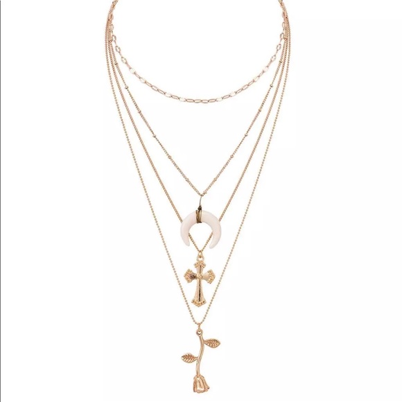 Jewelry - Only 1 left!Layered Moon, Cross & Rose Necklace 🌹